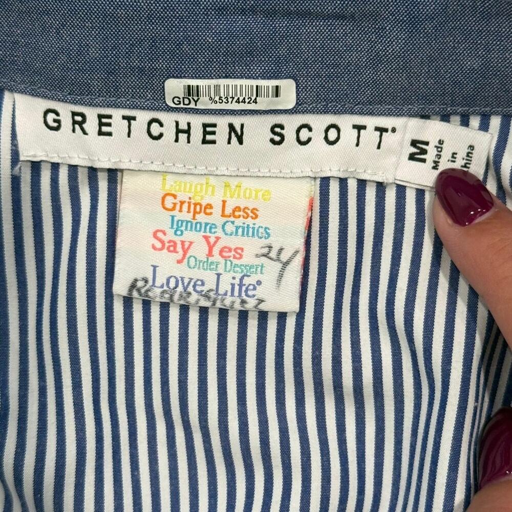 Gretchen Scott Breezy Blouson Chambray Blue Tie Waist Pockets Shirt Dress M - Picture 6 of 12